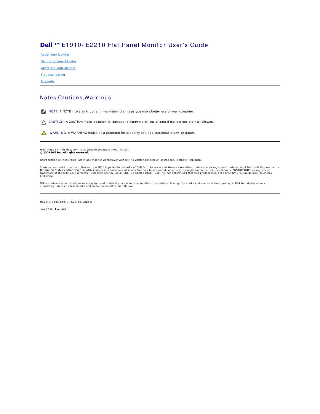 Dell E2210C, E2210F appendix Dell E1910/E2210 Flat Panel Monitor Users Guide 