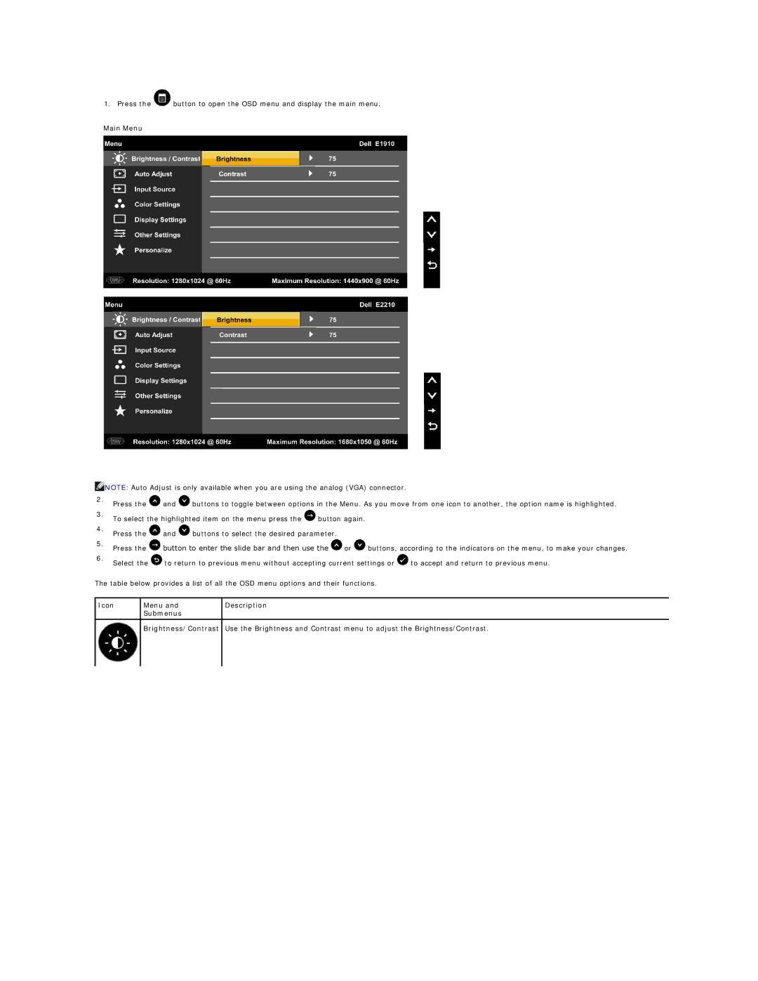 Dell E2210F, E2210C, E1910 appendix Main Menu 