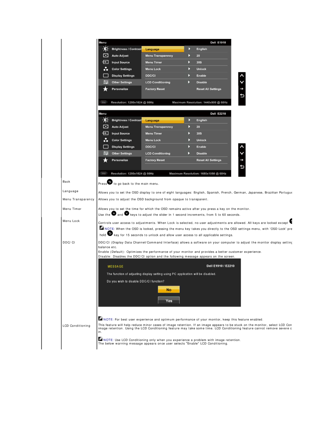 Dell E2210C, E1910, E2210F appendix Back Language Menu Transparency Menu Timer, Menu Lock, LCD Conditioning 