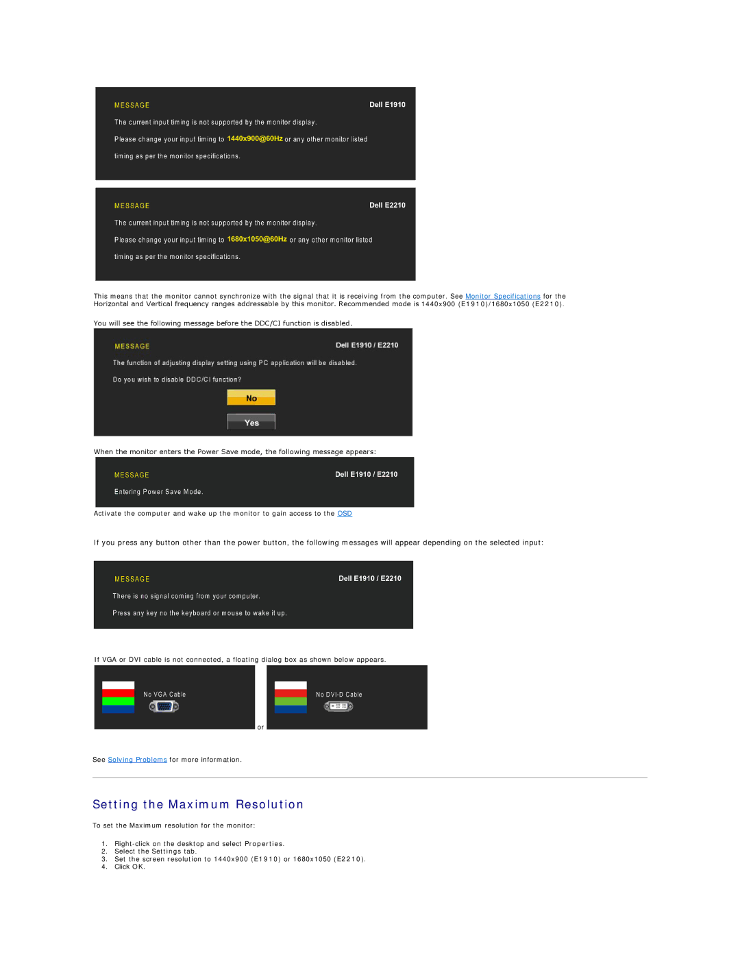 Dell E2210F, E2210C, E1910 appendix Setting the Maximum Resolution 
