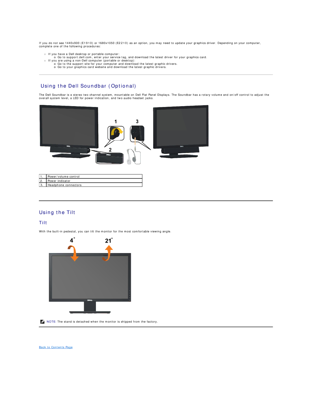 Dell E2210C, E1910, E2210F appendix Using the Dell Soundbar Optional, Using the Tilt 