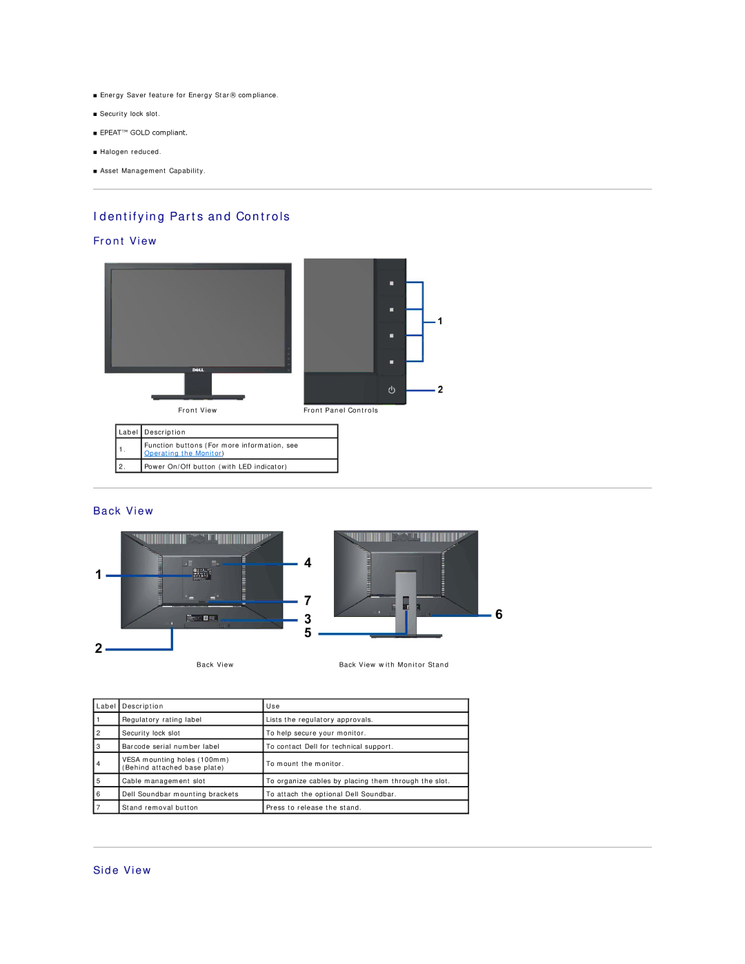 Dell E2210C, E1910, E2210F appendix Identifying Parts and Controls, Front View, Back View, Side View 