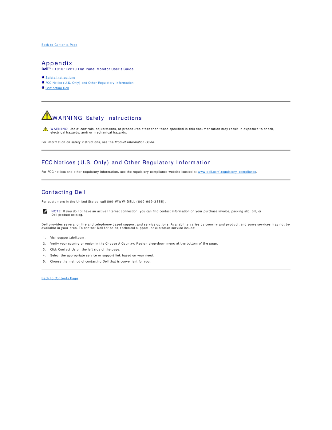 Dell E1910 Appendix, WARNING Safety Instructions, FCC Notices U.S. Only and Other Regulatory Information, Contacting Dell 