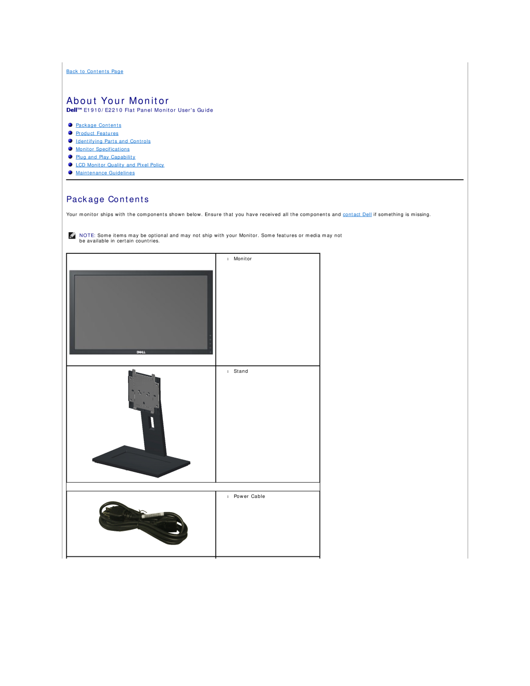 Dell About Your Monitor, Package Contents, Dell E1910/E2210 Flat Panel Monitor Users Guide, Back to Contents Page 