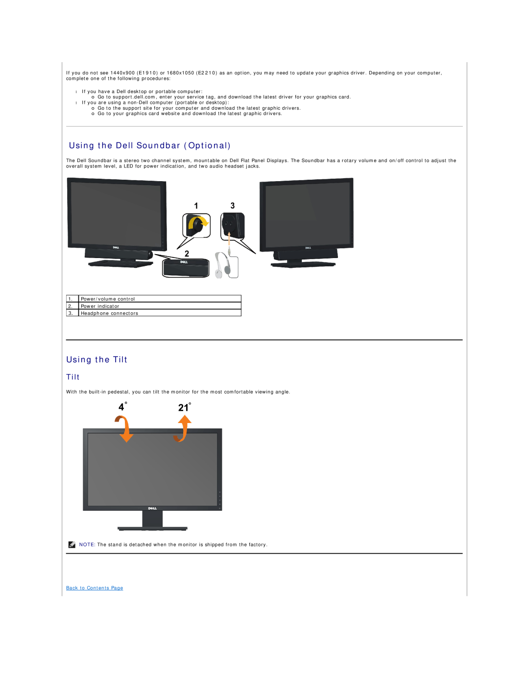 Dell E2210C, E1910, E2210F appendix Using the Dell Soundbar Optional, Using the Tilt, Back to Contents Page 