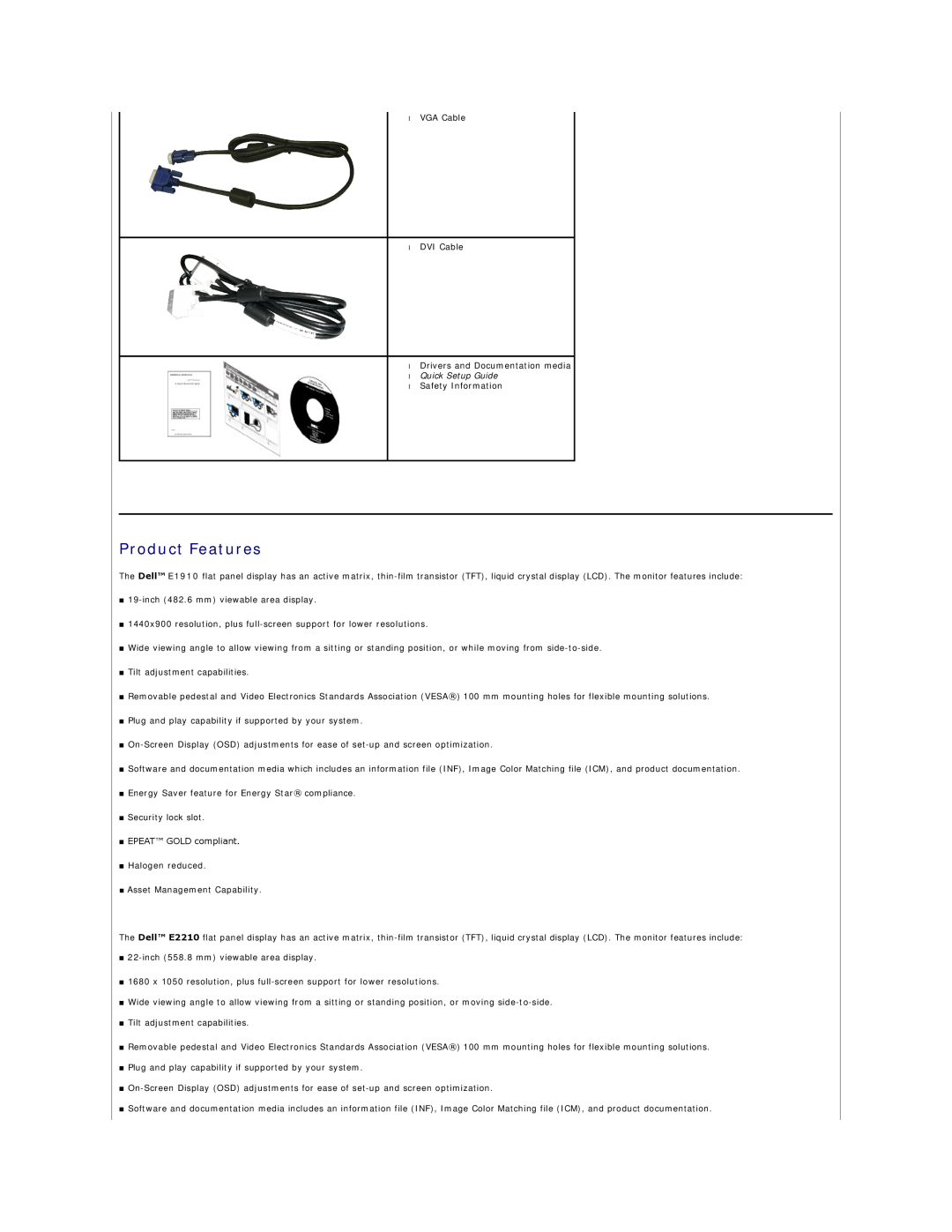 Dell E2210F, E2210C, E1910 appendix Product Features, Quick Setup Guide 