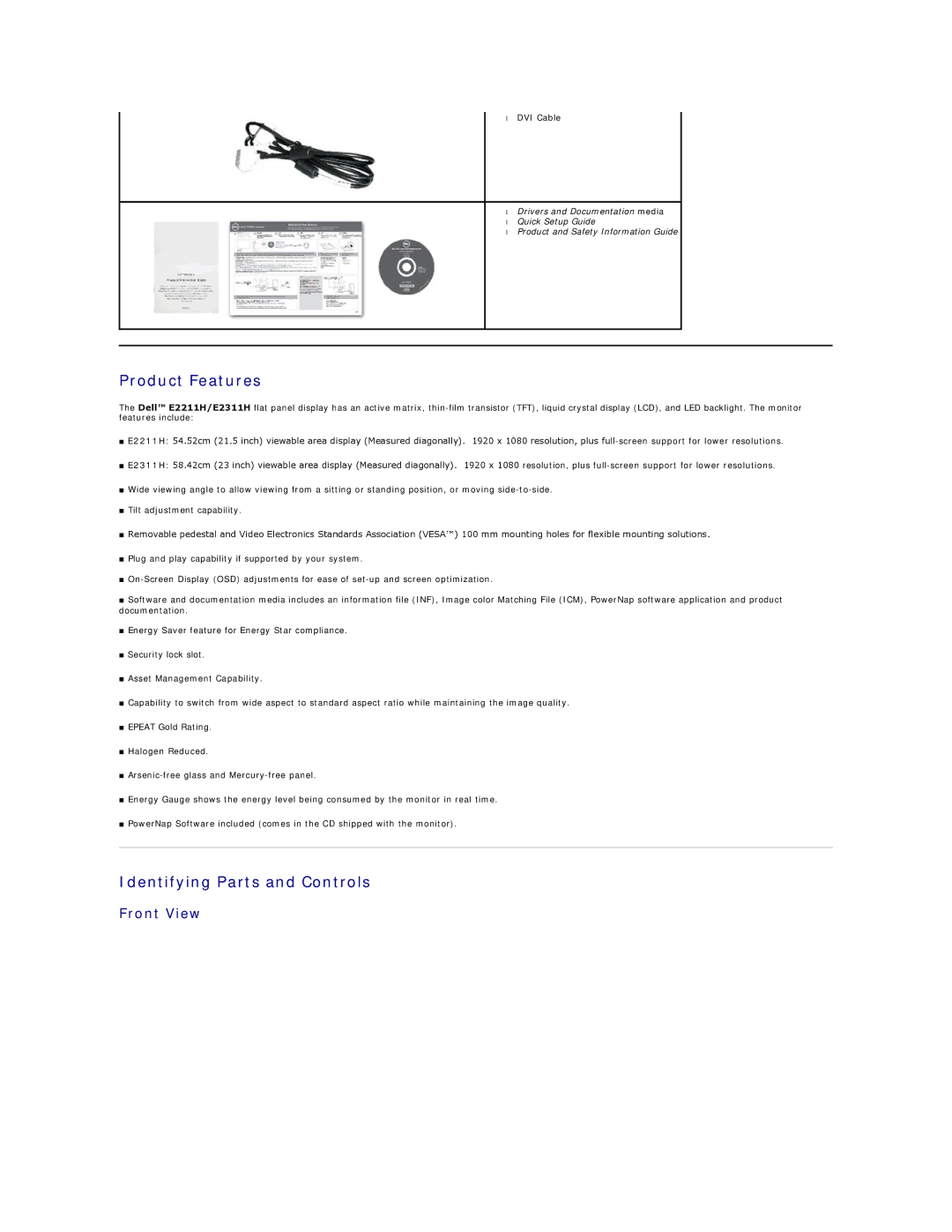 Dell E2211H appendix Product Features, Identifying Parts and Controls, Front View 