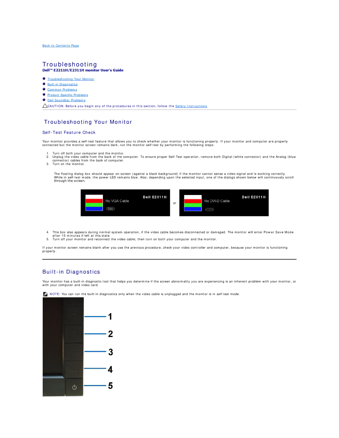 Dell E2211H appendix Troubleshooting Your Monitor, Built-in Diagnostics 