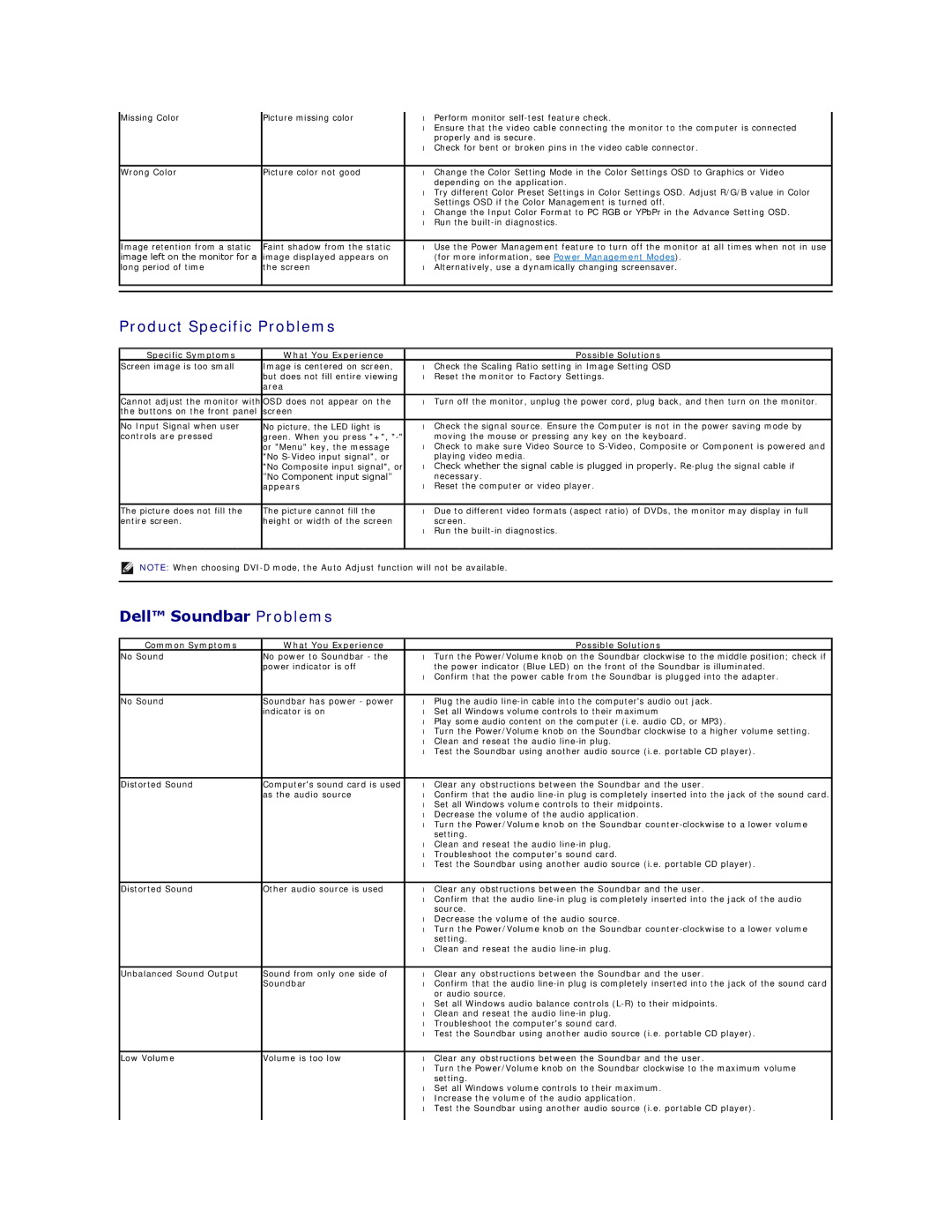 Dell E2211H Product Specific Problems, Dell Soundbar Problems, Specific Symptoms What You Experience Possible Solutions 