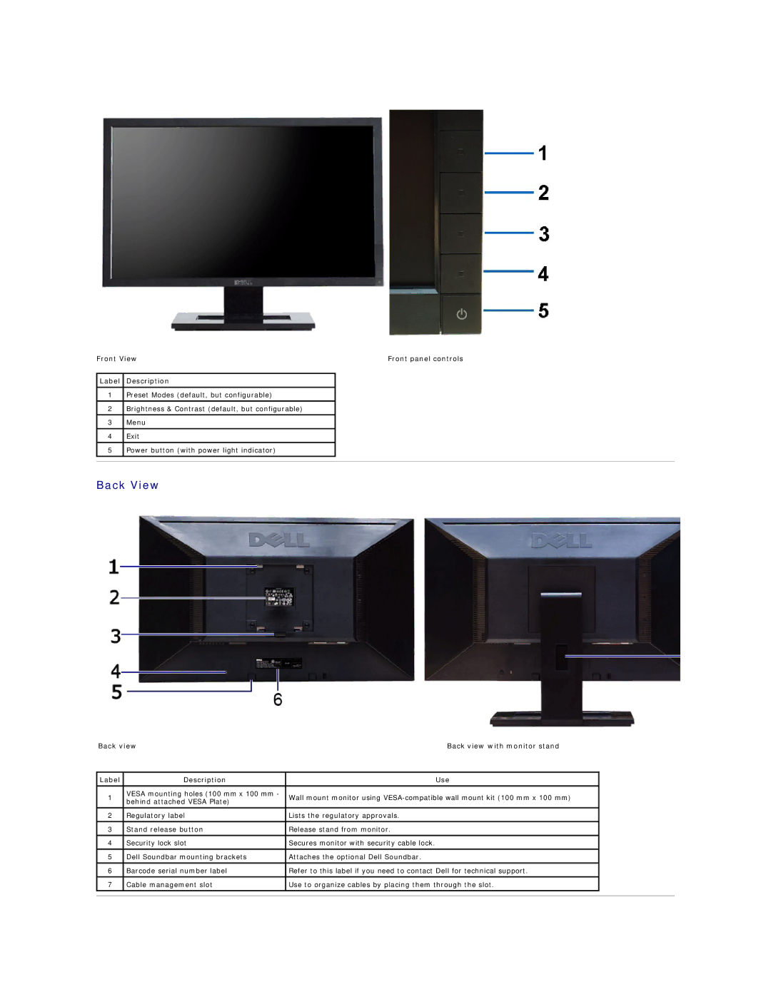 Dell E2211H appendix Back View, Front View Front panel controls Label Description 