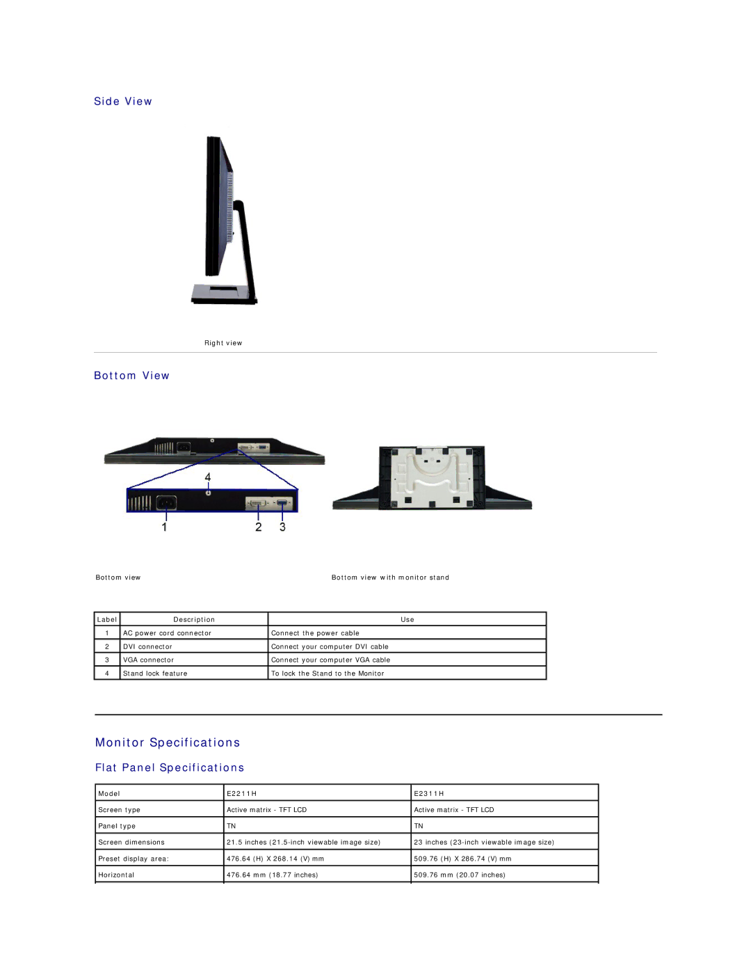 Dell E2211H appendix Monitor Specifications, Side View, Bottom View, Flat Panel Specifications 