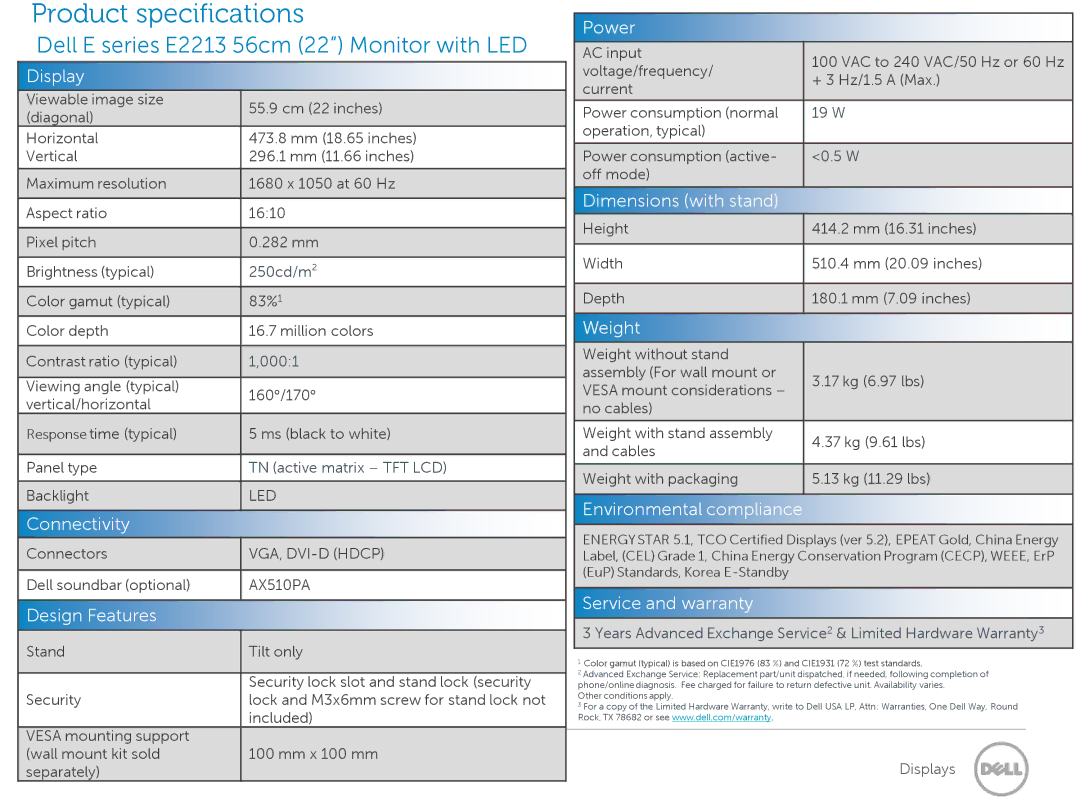 Dell E1913S manual Product specifications, Dell E series E2213 56cm 22 Monitor with LED 