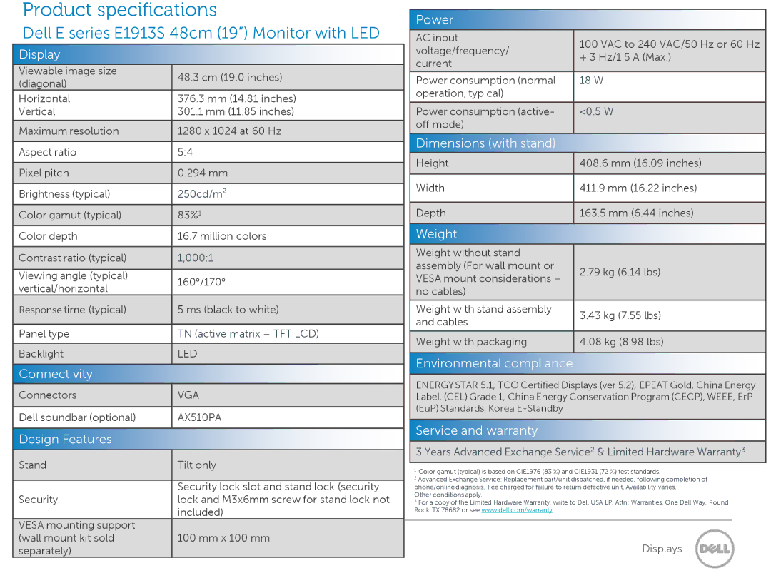 Dell E2213 manual Dell E series E1913S 48cm 19 Monitor with LED 