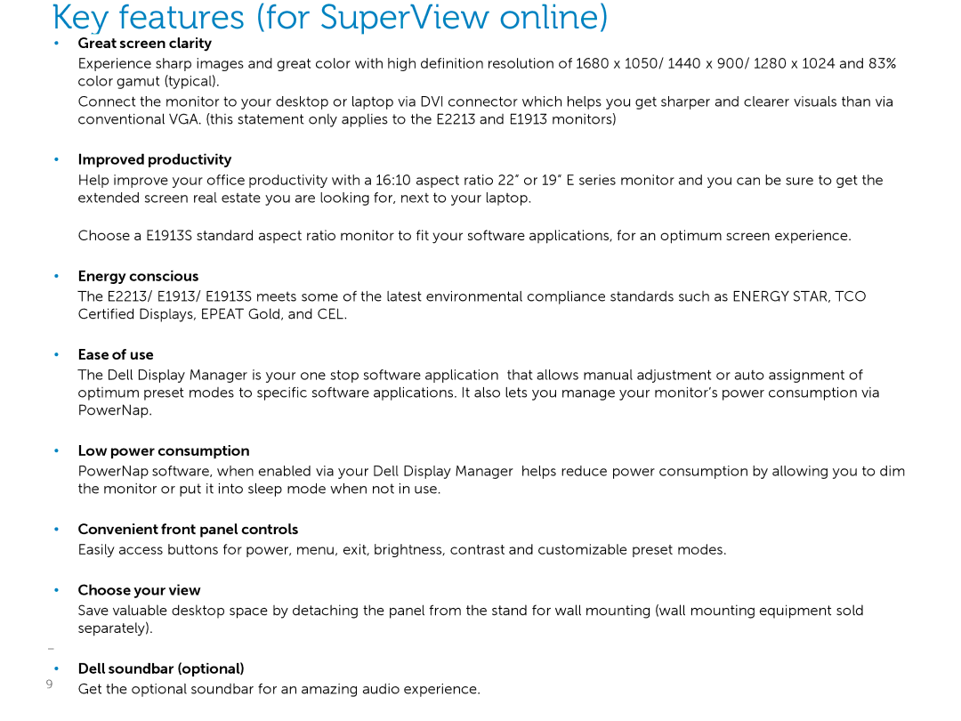 Dell E2213, E1913S manual Key features for SuperView online 