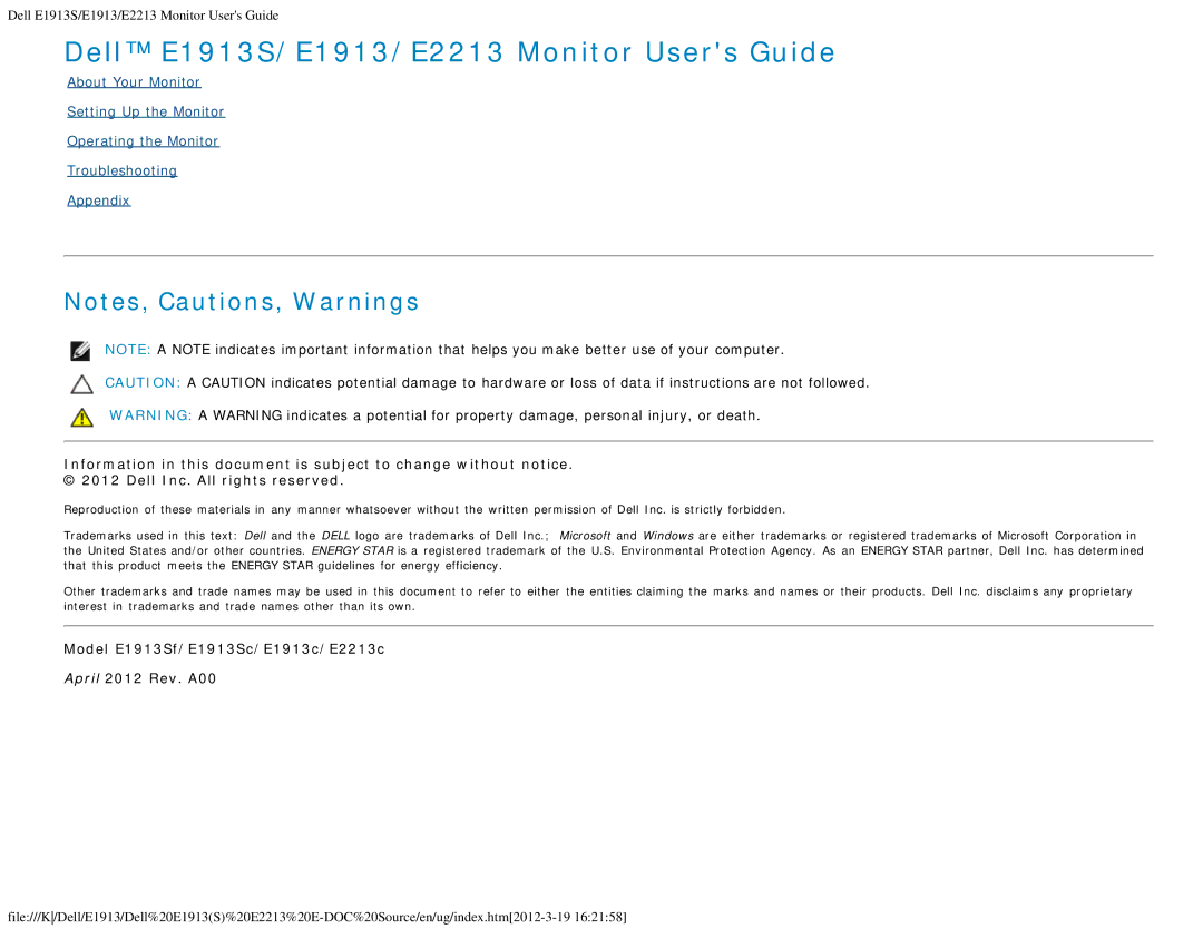 Dell E2213C appendix Dell E1913S/E1913/E2213 Monitor Users Guide 