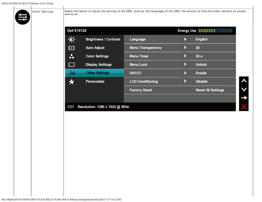 Dell E1913S, E2213C appendix Other Settings, So on 