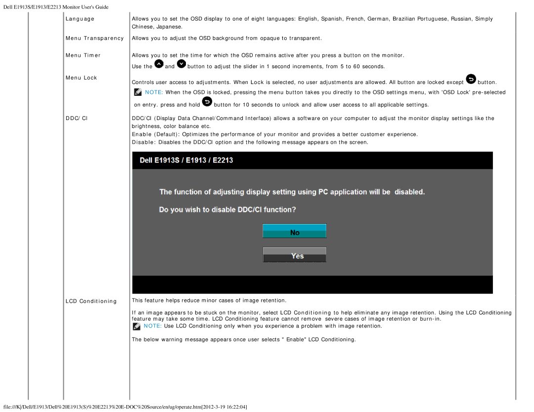 Dell E2213C, E1913S appendix Language Menu Transparency Menu Timer Menu Lock, LCD Conditioning 