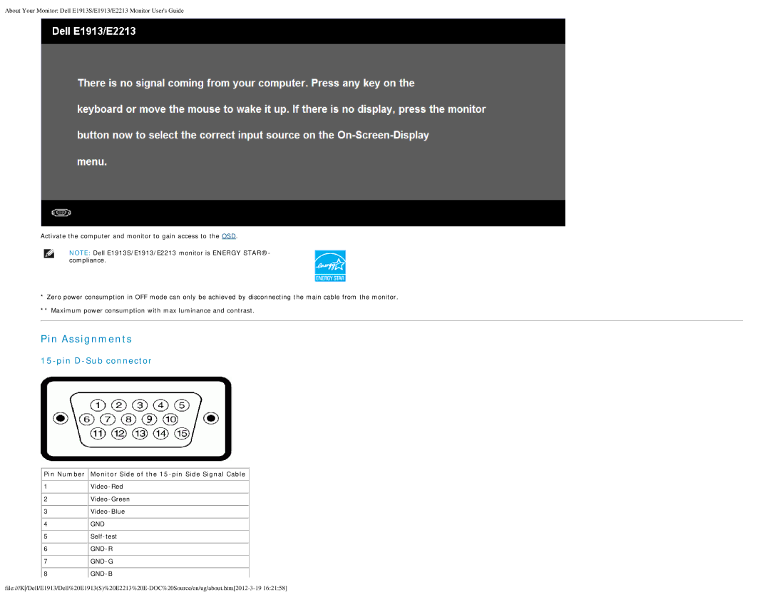 Dell E1913S, E2213C appendix Pin Assignments, Pin Number Monitor Side of the 15-pin Side Signal Cable 