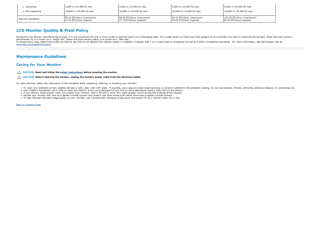 Dell E2213H manual LCD Monitor Quality & Pixel Policy, Caring for Your Monitor 