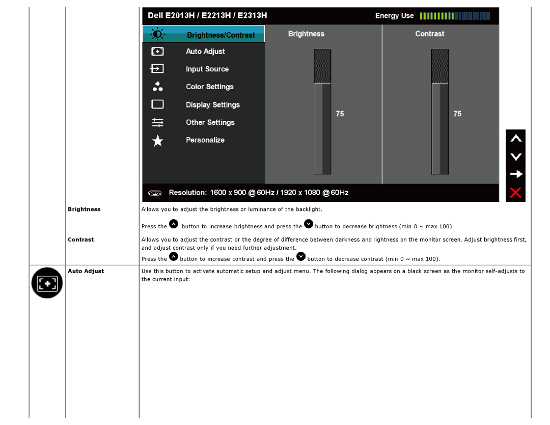 Dell E2213H manual Brightness, Contrast, Auto Adjust 