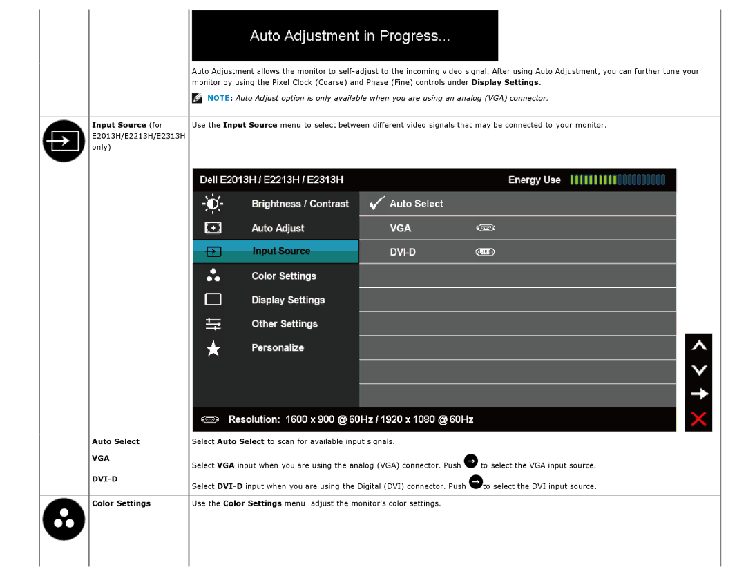 Dell E2213H manual Input Source for, Auto Select, Color Settings 