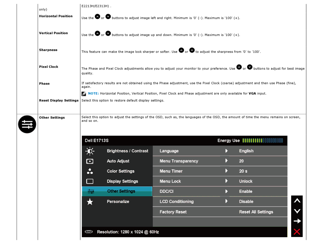 Dell E2213H Horizontal Position, Vertical Position, Sharpness, Pixel Clock, Phase, Reset Display Settings, Other Settings 