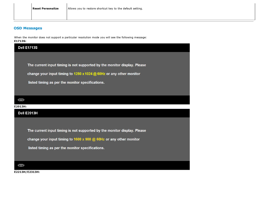 Dell manual Reset Personalize, E1713S E2013H E2213H/E2313H 