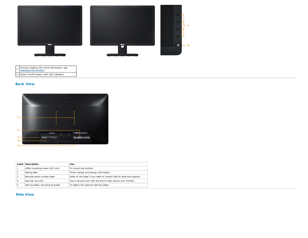 Dell E2213H manual Back View, Side View 