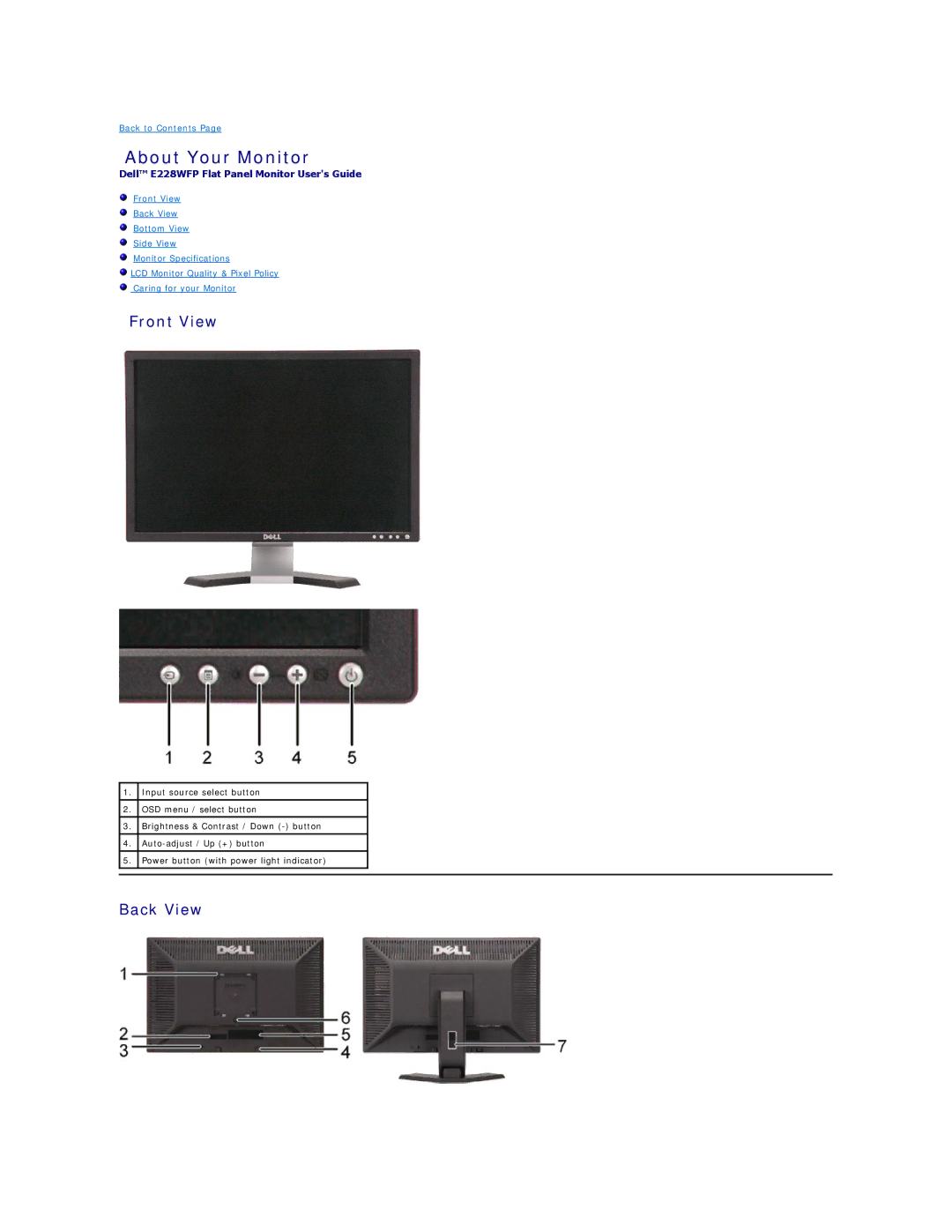 Dell E228WFP appendix About Your Monitor, Front View, Back View 