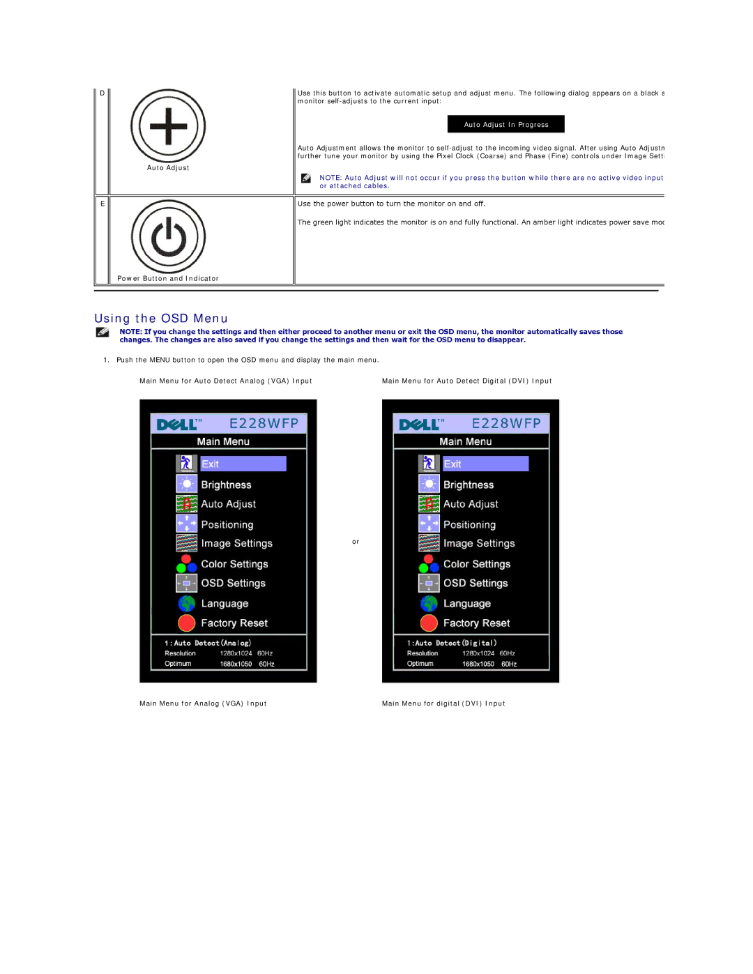 Dell E228WFP appendix Using the OSD Menu, Auto Adjust Power Button and Indicator 