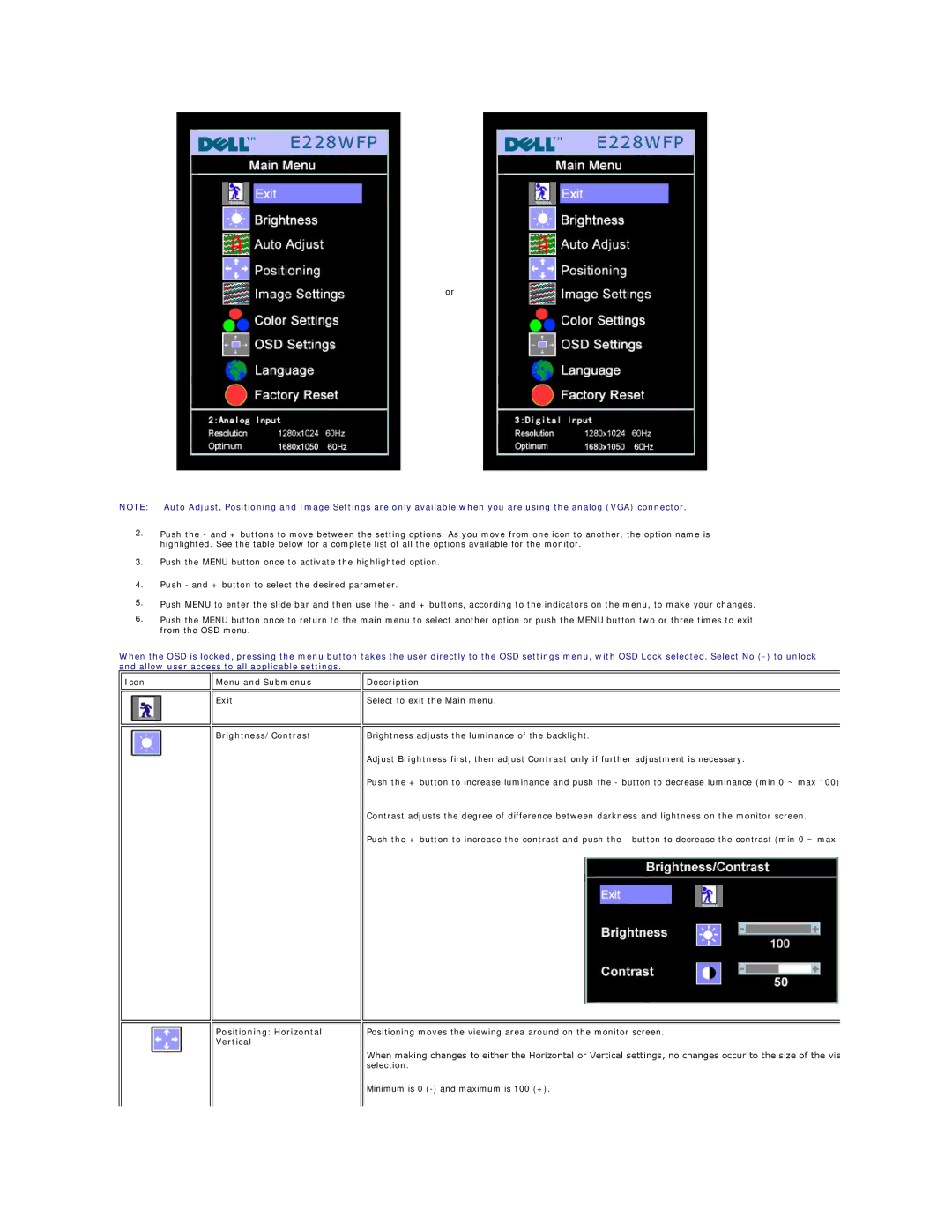 Dell E228WFP appendix Icon Menu and Submenus Exit Brightness/Contrast Description, Positioning Horizontal Vertical 