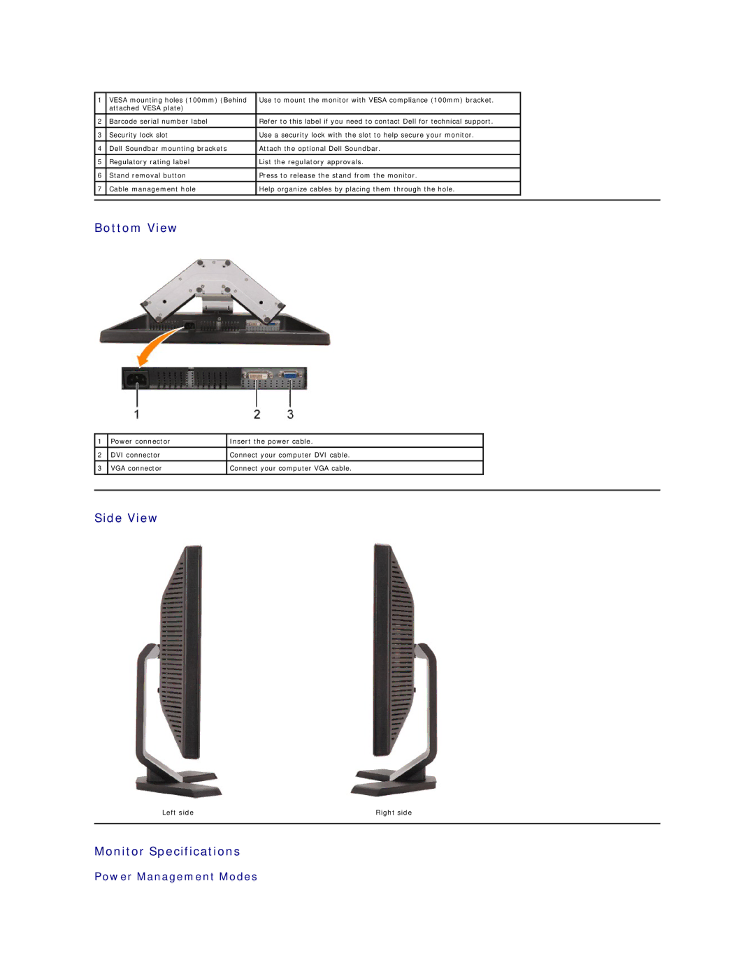 Dell E228WFP appendix Bottom View, Side View, Monitor Specifications, Power Management Modes, Left side Right side 