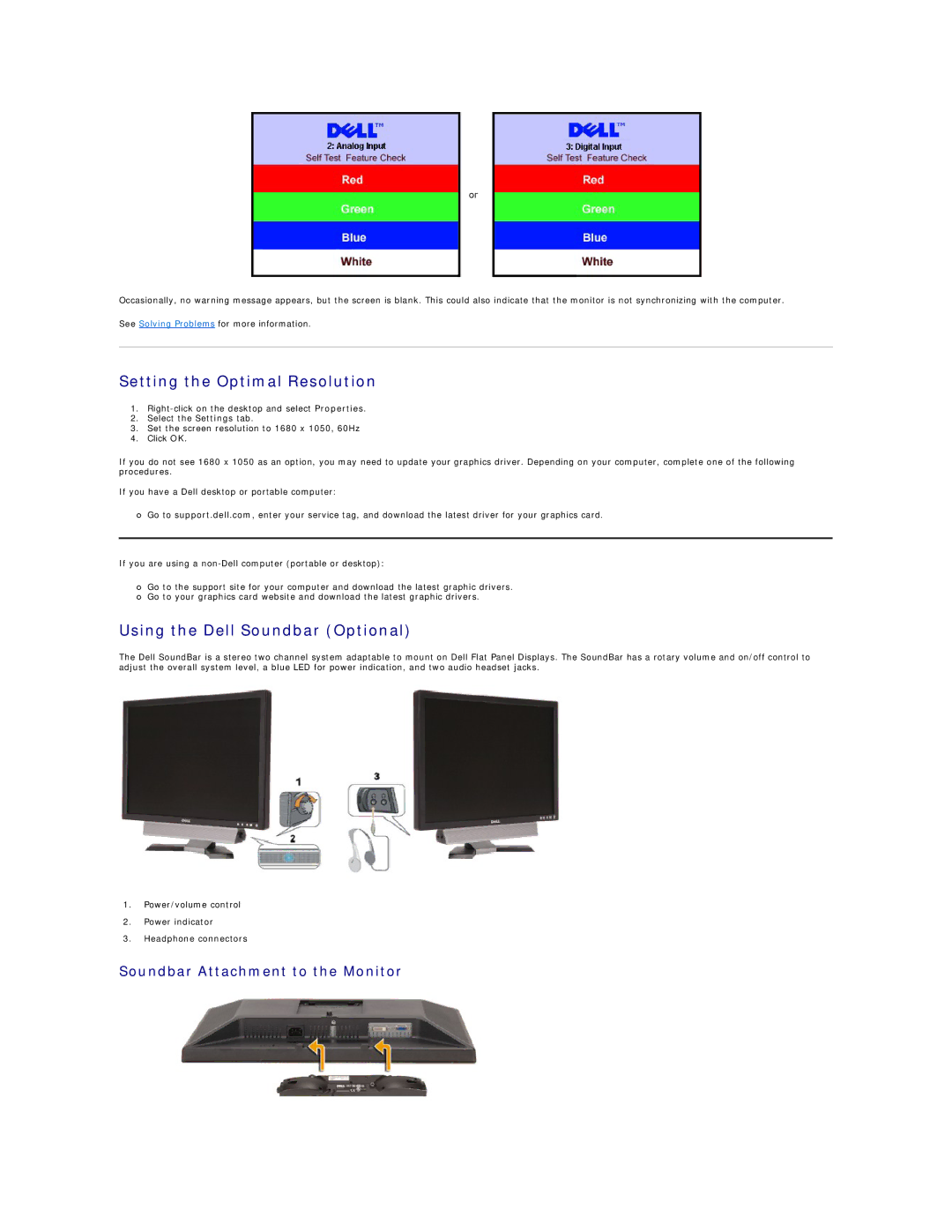 Dell E228WFP appendix Setting the Optimal Resolution, Using the Dell Soundbar Optional, Soundbar Attachment to the Monitor 