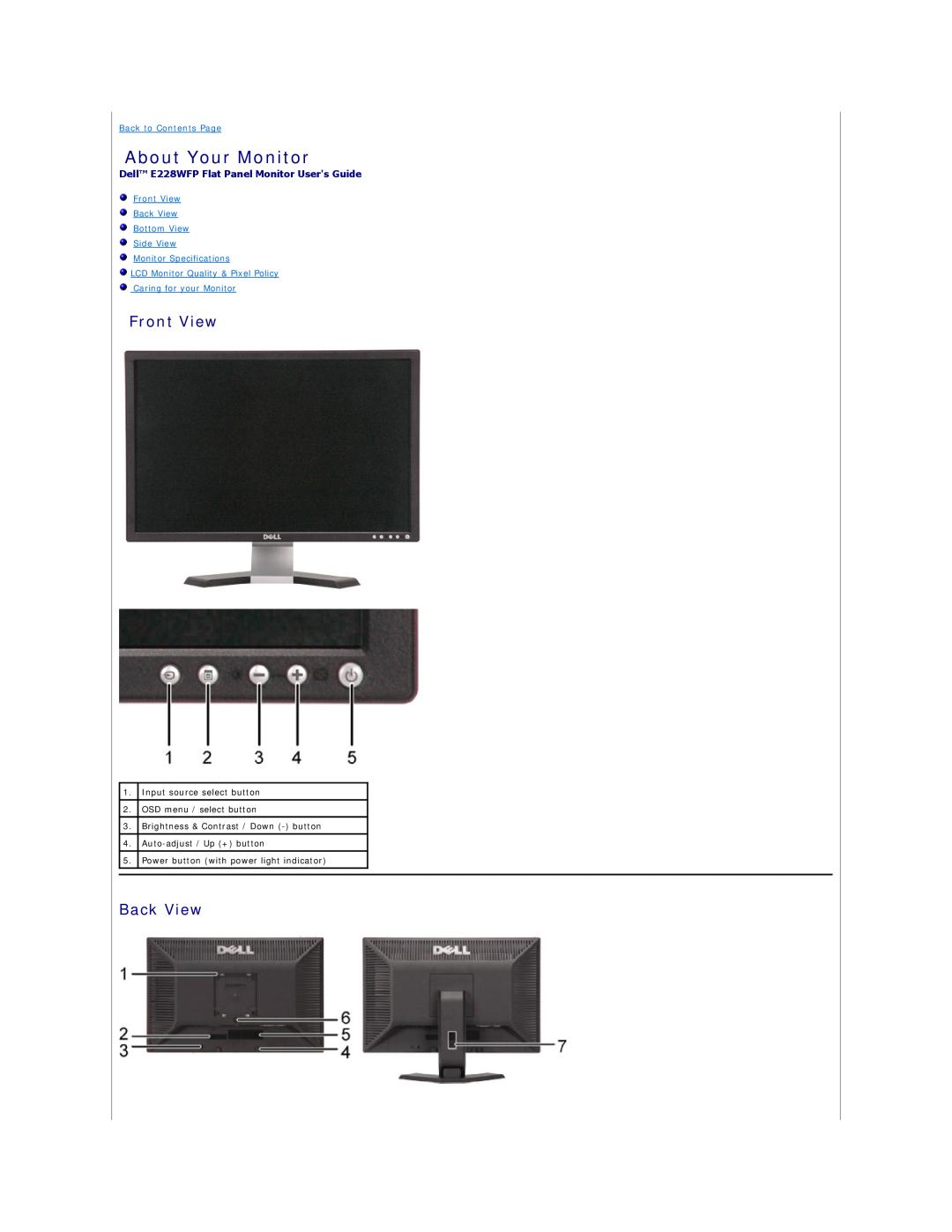 Dell About Your Monitor, Front View, Back View, Dell E228WFP Flat Panel Monitor Users Guide, Back to Contents Page 