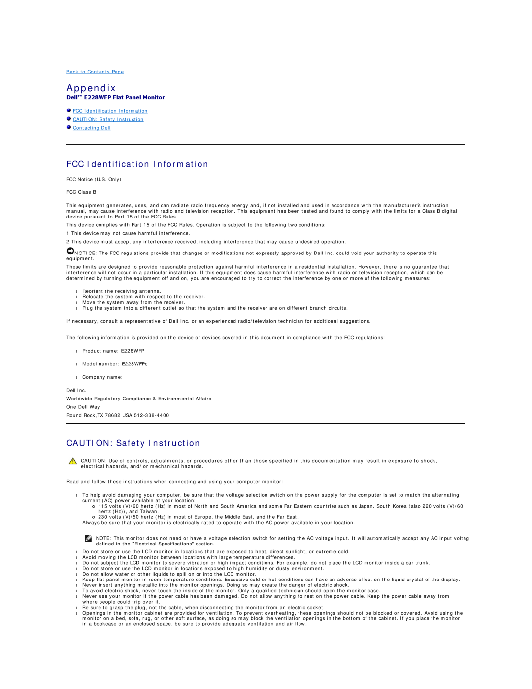 Dell appendix Appendix, FCC Identification Information, CAUTION Safety Instruction, Dell E228WFP Flat Panel Monitor 