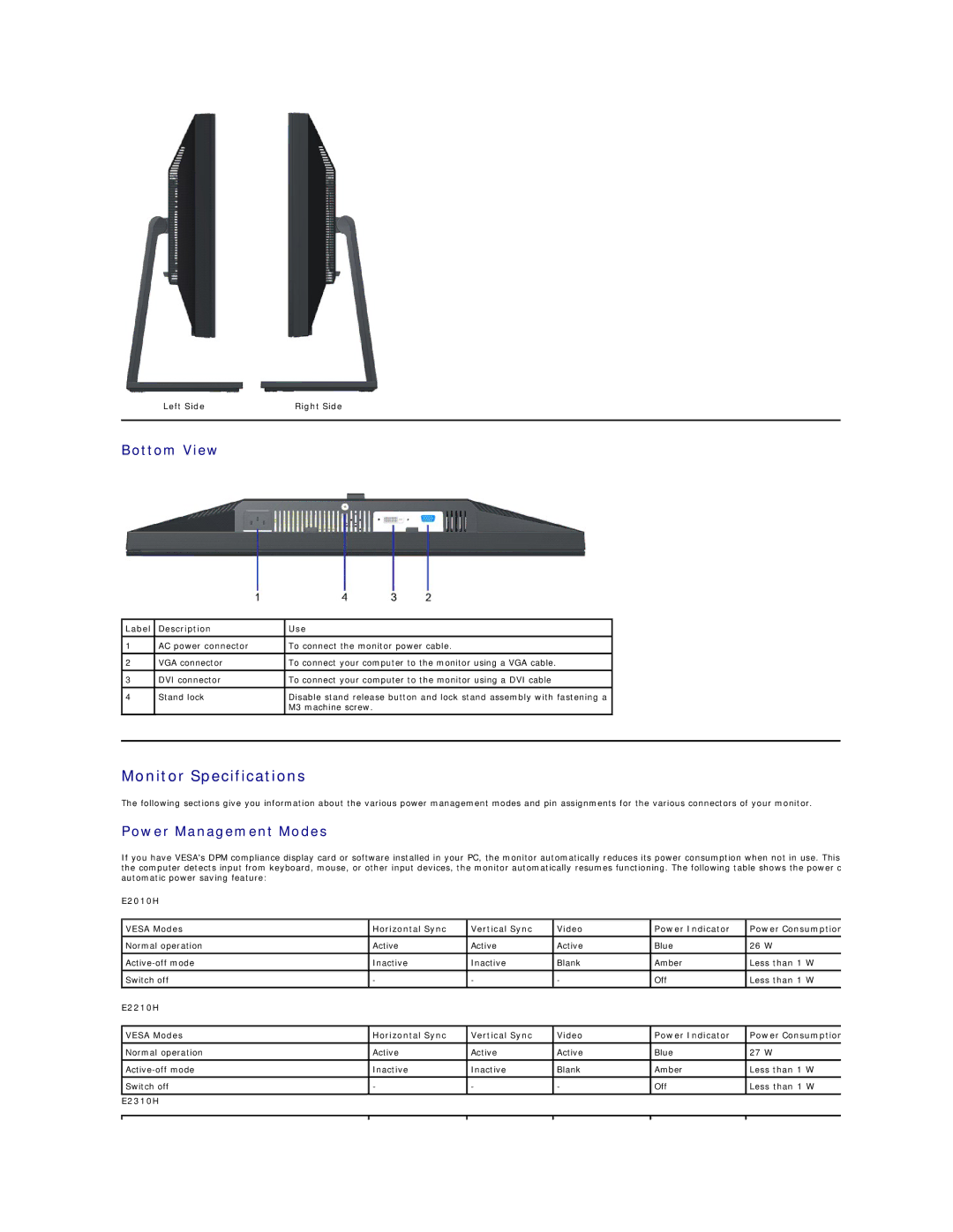 Dell E2010H, E2210H appendix Monitor Specifications, Bottom View, Power Management Modes, Left Side Right Side, E2310H 