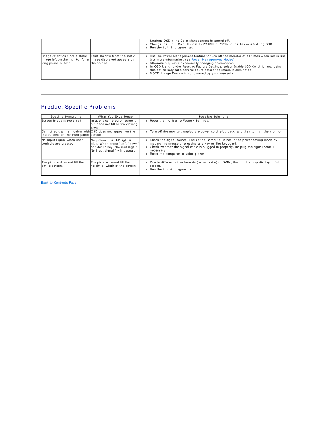 Dell E2310HF, E2210HF, E2010H Product Specific Problems, Specific Symptoms What You Experience Possible Solutions 