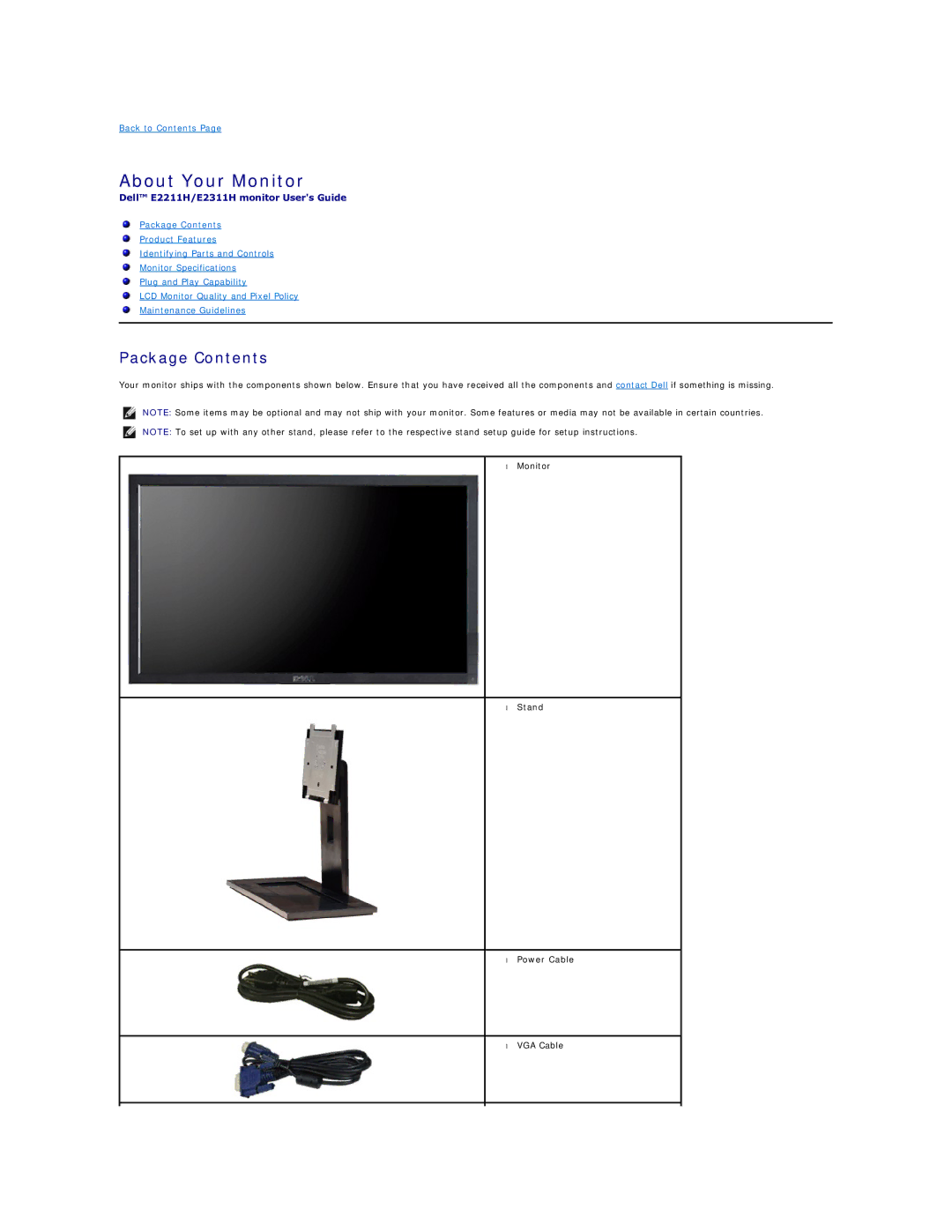 Dell E2311H, E2211H appendix About Your Monitor, Package Contents 