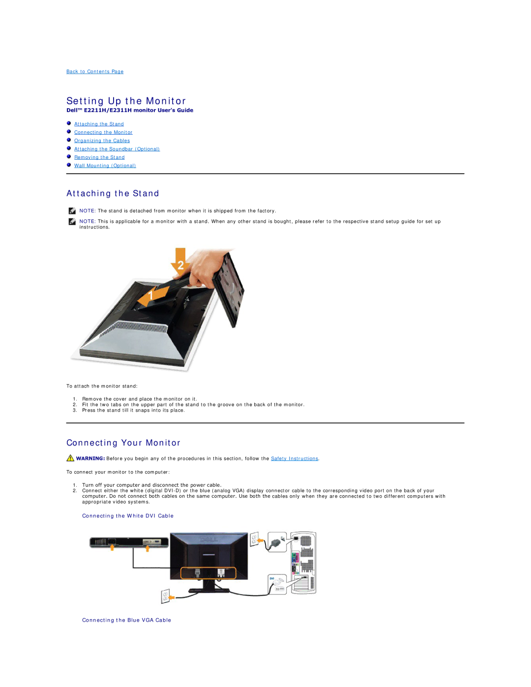 Dell E2211H, E2311H appendix Setting Up the Monitor, Attaching the Stand, Connecting Your Monitor 