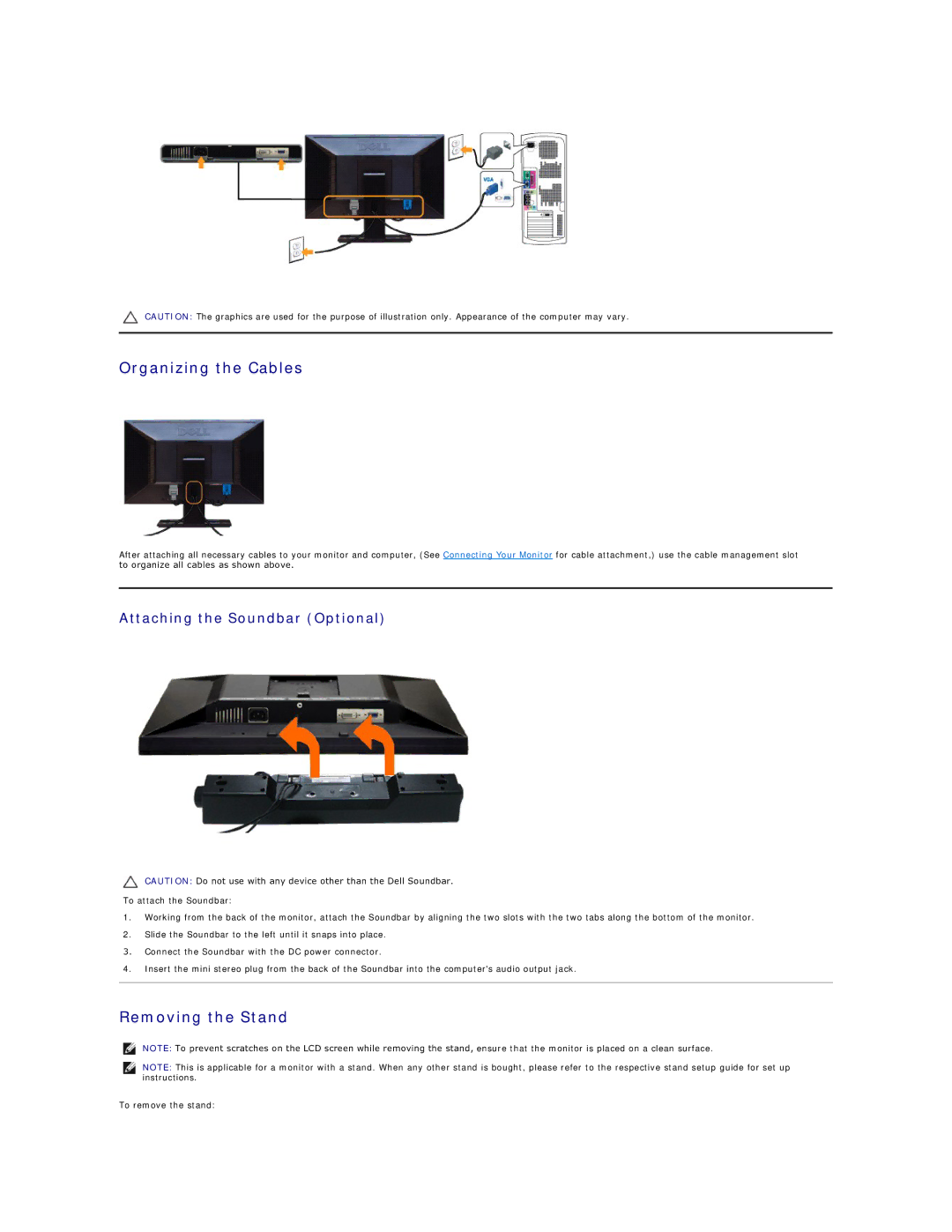 Dell E2311H, E2211H appendix Organizing the Cables, Removing the Stand, Attaching the Soundbar Optional 