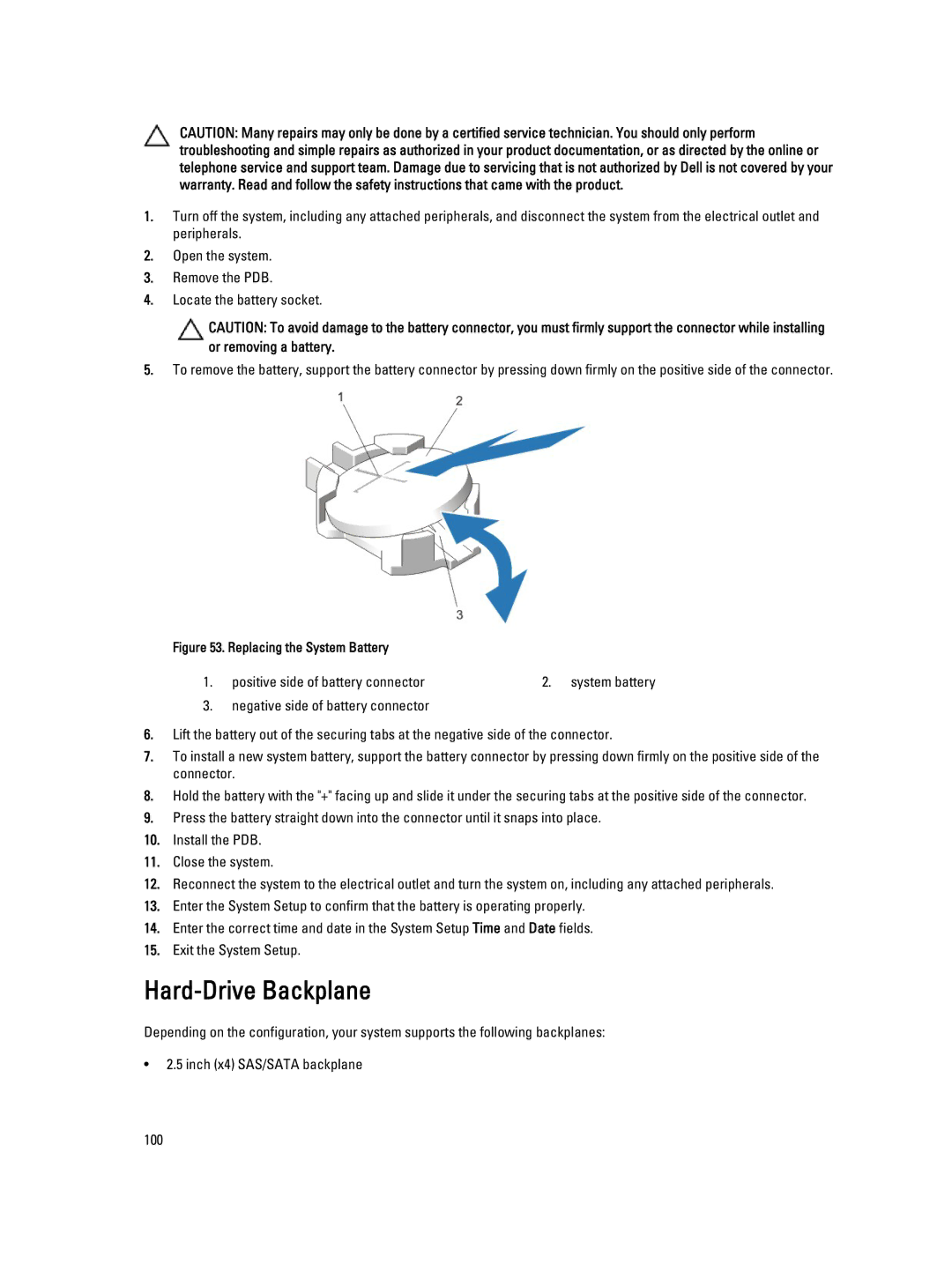 Dell E23S Series owner manual Hard-Drive Backplane, Replacing the System Battery 