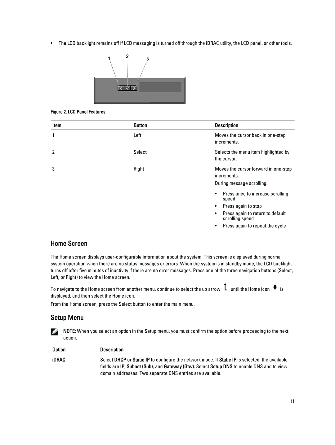 Dell E23S Series owner manual Home Screen, Setup Menu, Button Description, Option Description IDRAC 