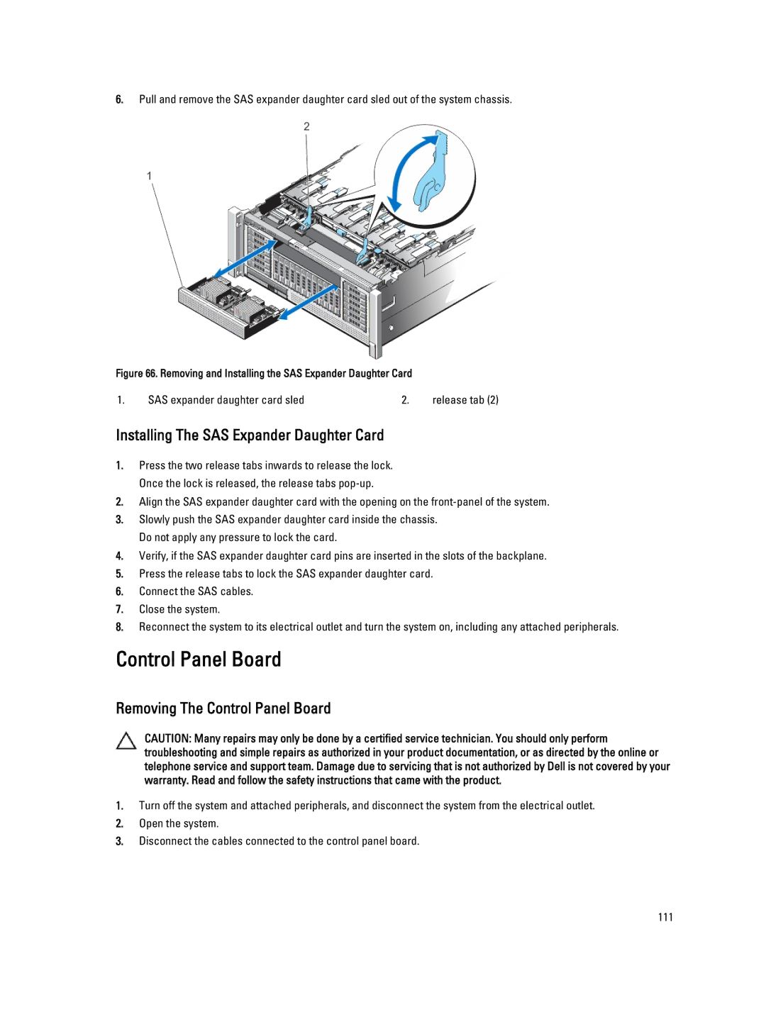 Dell E23S Series owner manual Installing The SAS Expander Daughter Card, Removing The Control Panel Board 