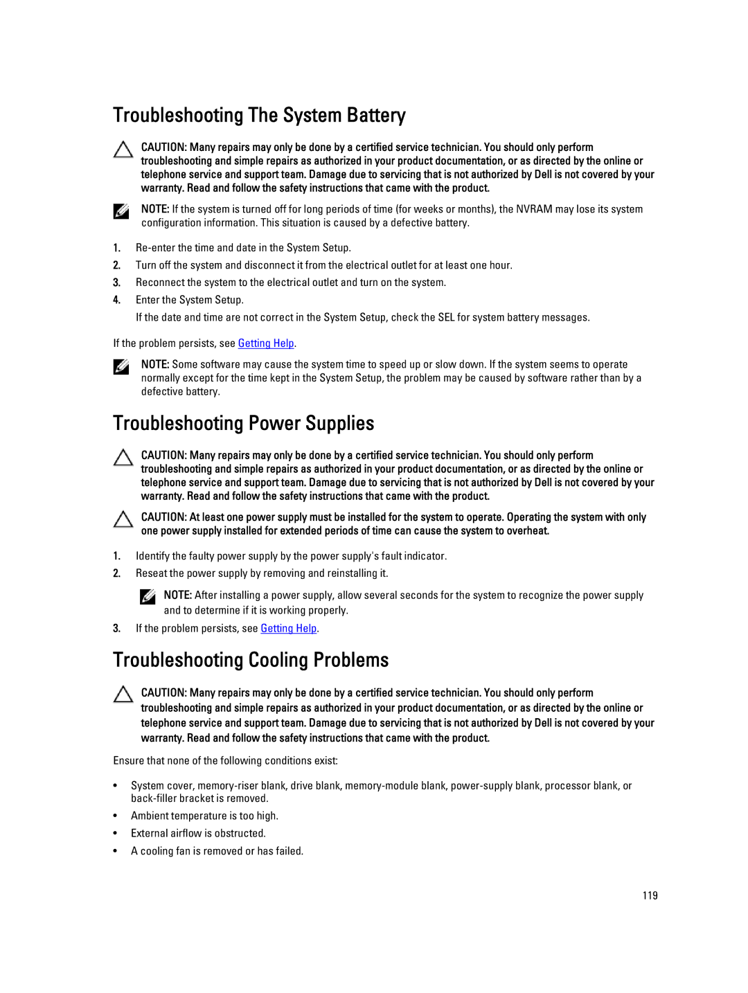 Dell E23S Series Troubleshooting The System Battery, Troubleshooting Power Supplies, Troubleshooting Cooling Problems 