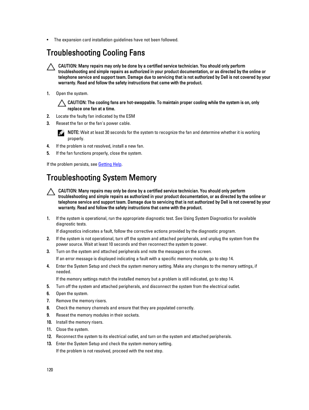 Dell E23S Series owner manual Troubleshooting Cooling Fans, Troubleshooting System Memory 