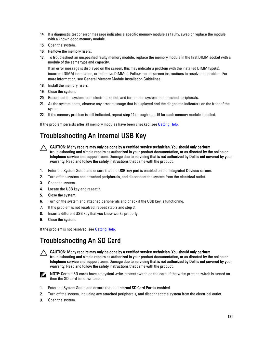 Dell E23S Series owner manual Troubleshooting An Internal USB Key, Troubleshooting An SD Card 