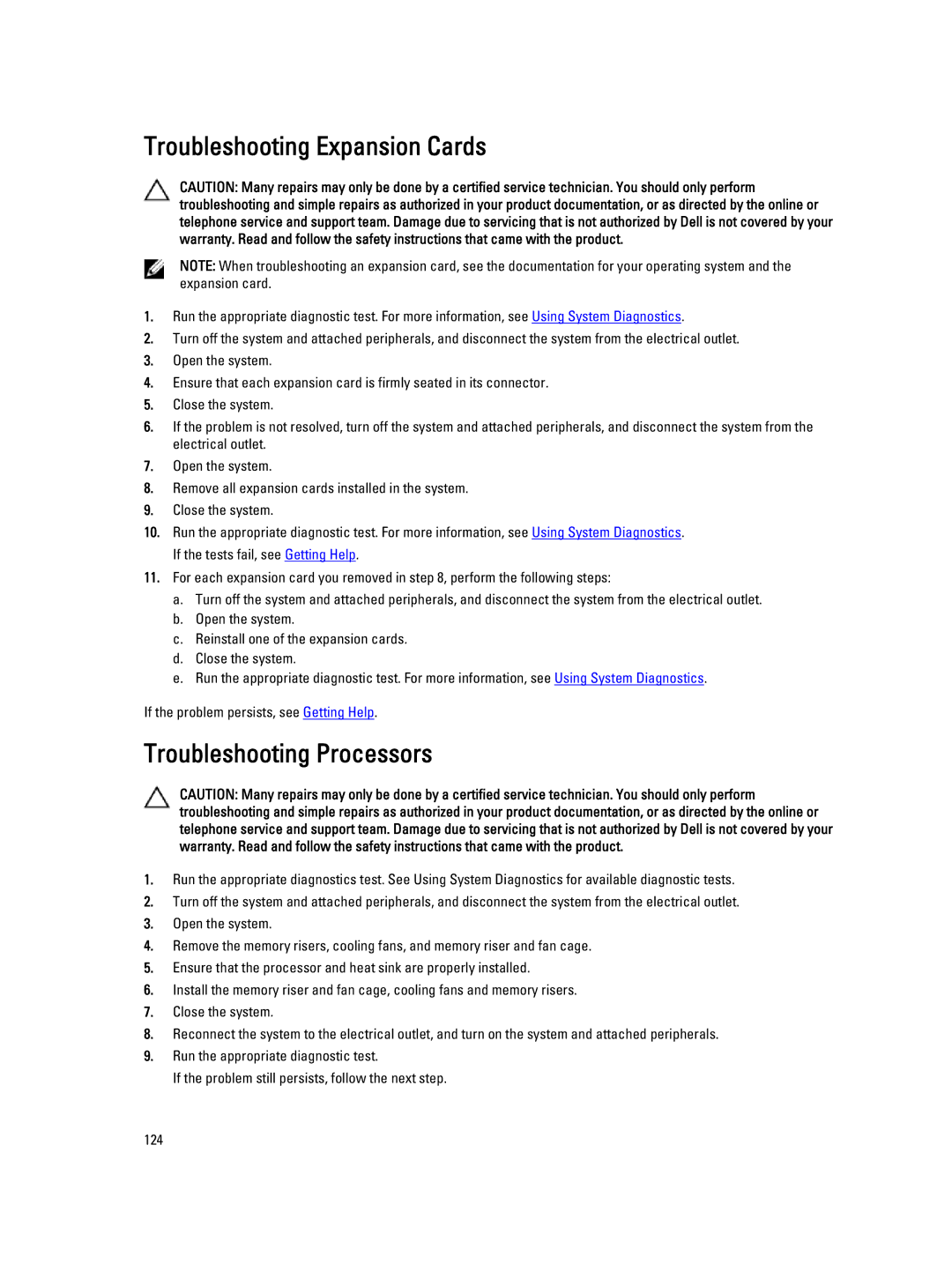 Dell E23S Series owner manual Troubleshooting Expansion Cards, Troubleshooting Processors 