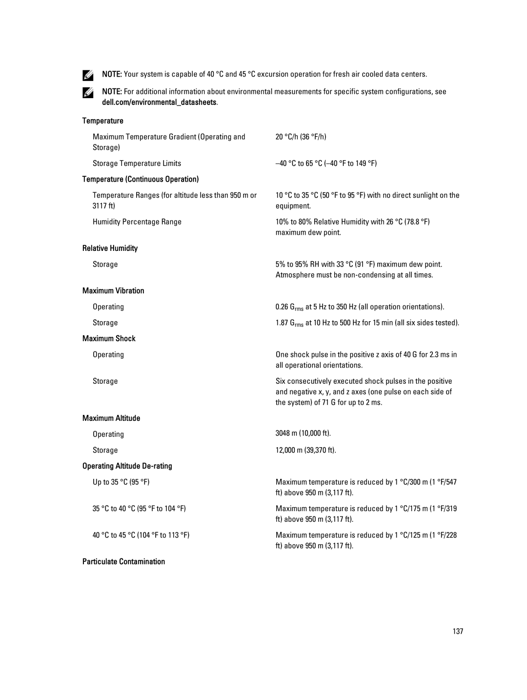 Dell E23S Series Temperature Continuous Operation, Relative Humidity, Maximum Vibration, Maximum Shock, Maximum Altitude 