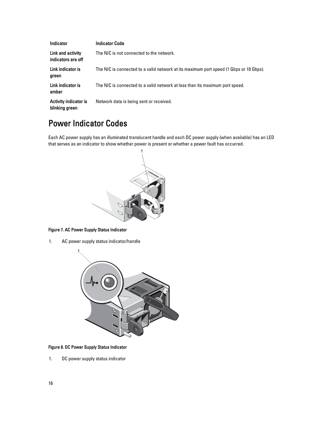 Dell E23S Series owner manual Power Indicator Codes, Green Link indicator is 