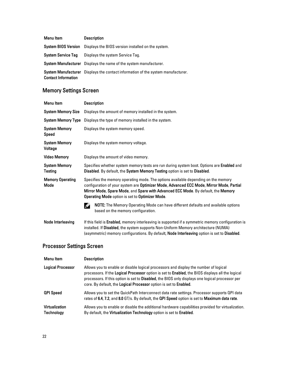 Dell E23S Series owner manual Memory Settings Screen, Processor Settings Screen 